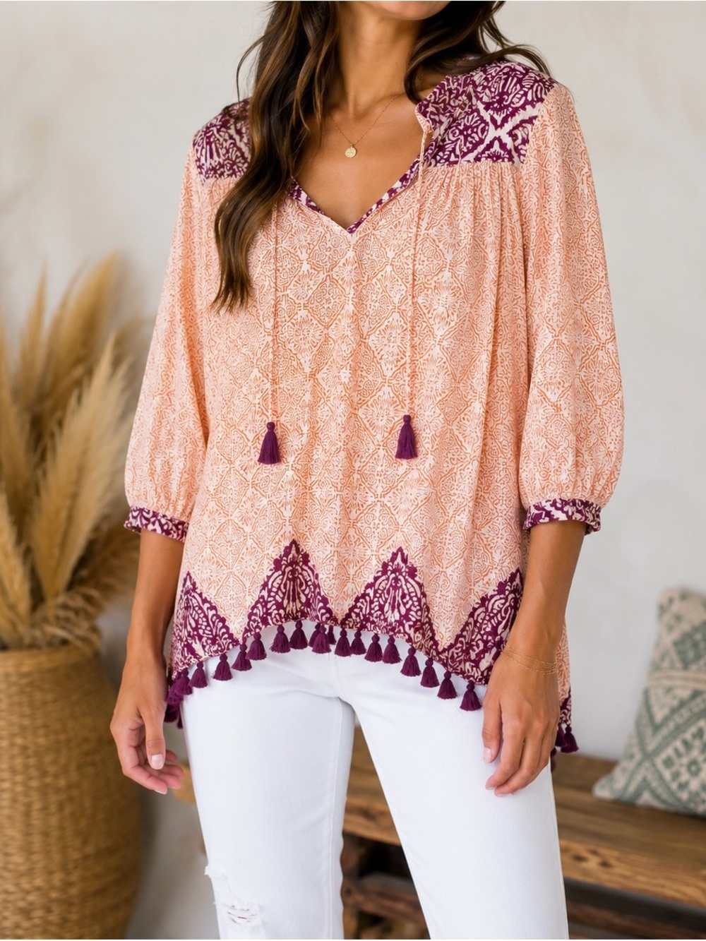 Roller Rabbit Peach Blouse with Plum Tassel Trim
